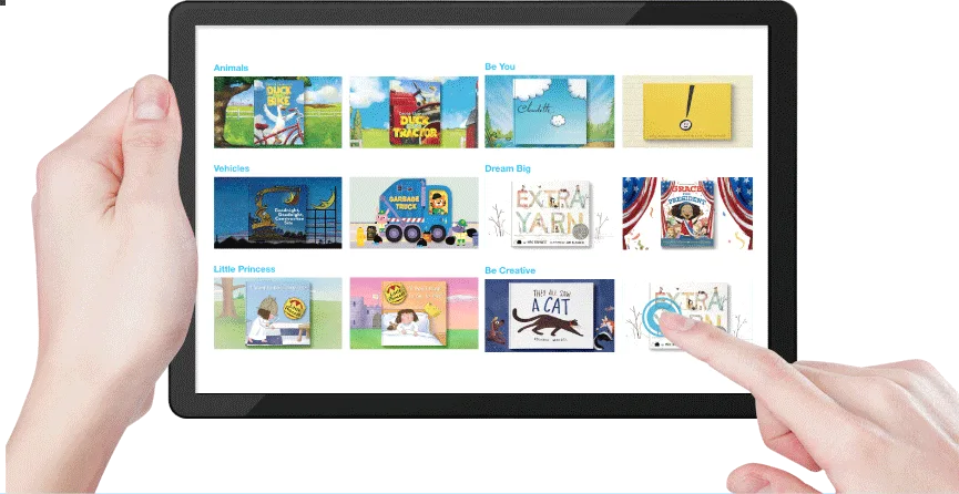 Vooks 라이브러리 화면: Animals, Vehicles, Be You, Dream Big 같은 주제별로 그림책을 고르는 실제 화면